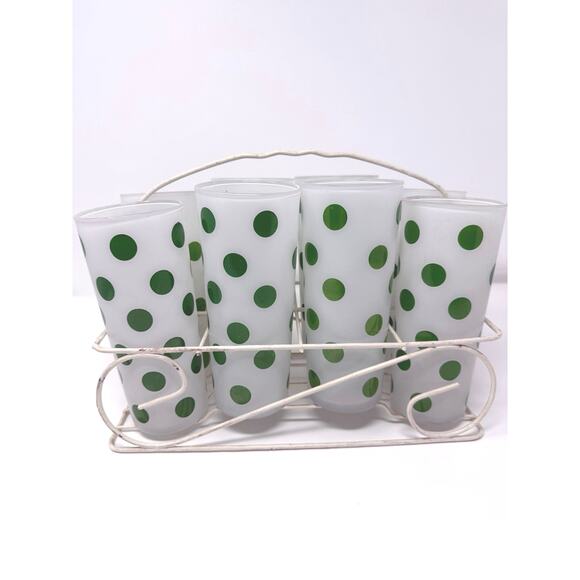 VINTAGE MCM Frosted Green Polka Dot Tumblers Tom Collins With Holder Set of 6